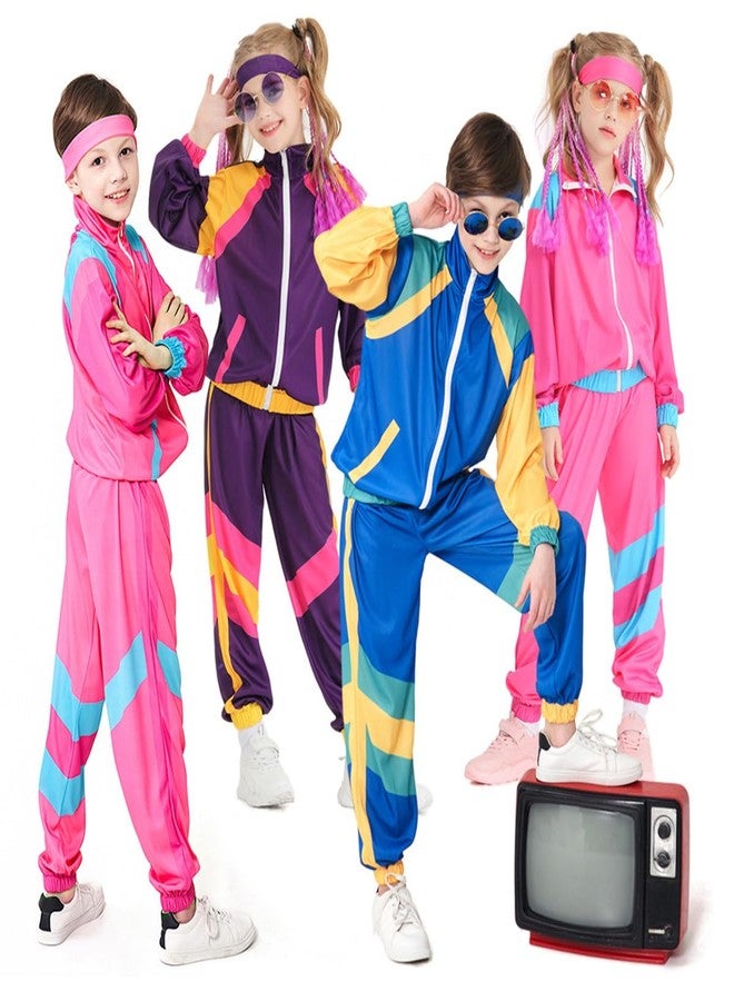JELEUON Boys Girls Retro Hip Hop 80s Tracksuit Costume Dance Sportswear Top Pants Sets Outfit Colorblock Windbreaker Sets L - Image 4